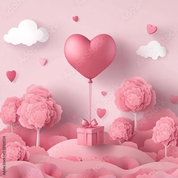 Fototapeta Romantic Valentine's Day illustration featuring heart-shaped balloon floating in sky above forest landscape with gift box descending. Pink color palette, heart-shaped clouds, red heart trees, paper ar