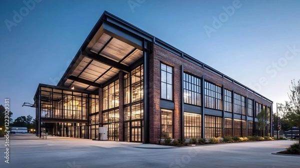 Obraz Illuminated modern industrial loft style building with exposed brick walls and steel beams under evening light in an urban city skyline  Commercial office or factory workspace architecture design