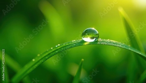 Obraz Large dewdrop reflecting sunlight on a lush green blade of grass, environment, shining, landscape