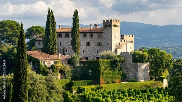Obraz Majestic Ancient Stone Castle Perched on a Verdant Hilltop with Breathtaking Scenic Vistas of the Surrounding Mountainous Landscape and Lush Greenery