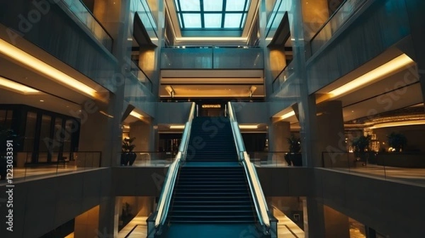 Obraz Majestic symmetrical stairway leading up in a grand luxurious hotel lobby with ornate architectural details marble floors and sophisticated lighting design