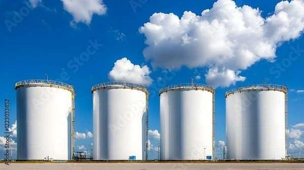 Obraz Massive industrial storage tanks in a row at a fuel refinery facility  Large white cylindrical silos for storing and distributing petroleum gas