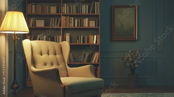 Obraz Cozy reading room with elegant armchair and warm lamp lighting