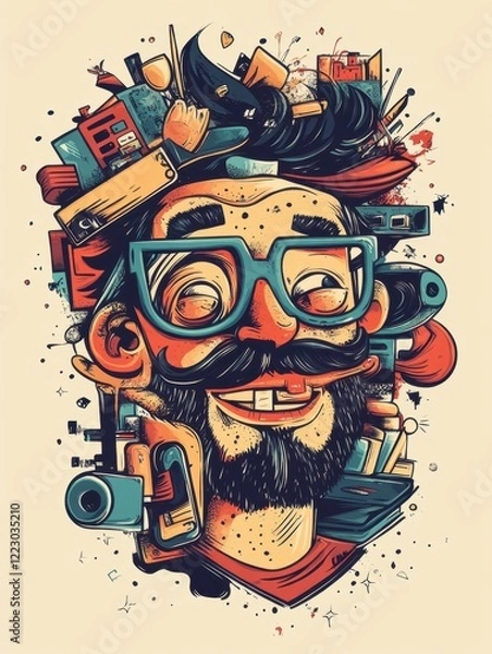 Fototapeta Playful illustration of a cheerful man with glasses and a mustache