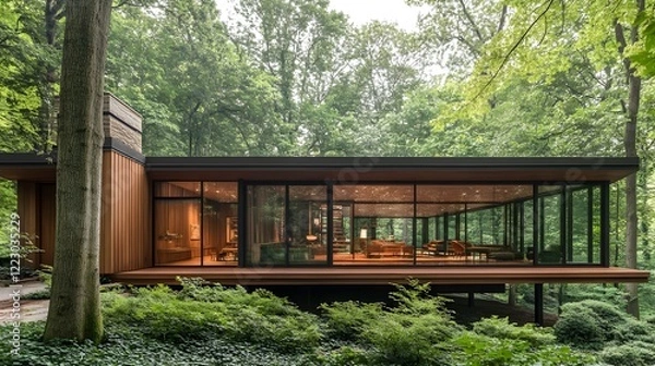 Obraz Peaceful Wooden Cabin Nestled in Dense Forest Surrounded by Lush Greenery and Large Windows Offering Scenic Nature Views and Serene Ambiance