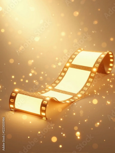 Obraz Golden film reel illuminated by sparkling light, showcasing creativity and cinematic artistry in a captivating display of motion