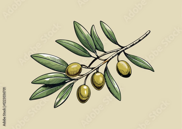Fototapeta Hand-drawn olive branch with fruits and leaves in engraving style