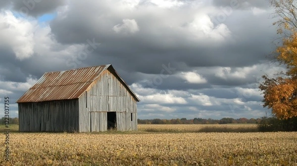 Obraz Rustic weathered wooden barn standing in a wide open field under a dramatic cloudy sky in a picturesque countryside landscape