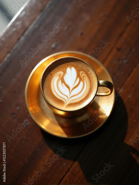 Obraz Beautifully crafted latte art displayed in an elegant golden cup on a rustic wooden table