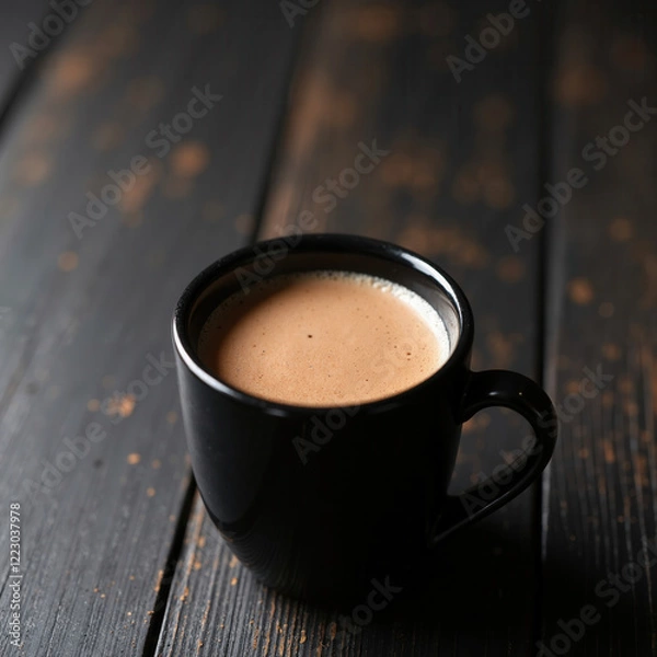 Obraz Rich hot chocolate topped with mini marshmallows served in a black mug on a wooden table with fairy lights in the background