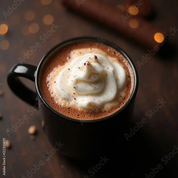 Obraz Rich hot chocolate topped with mini marshmallows served in a black mug on a wooden table with fairy lights in the background
