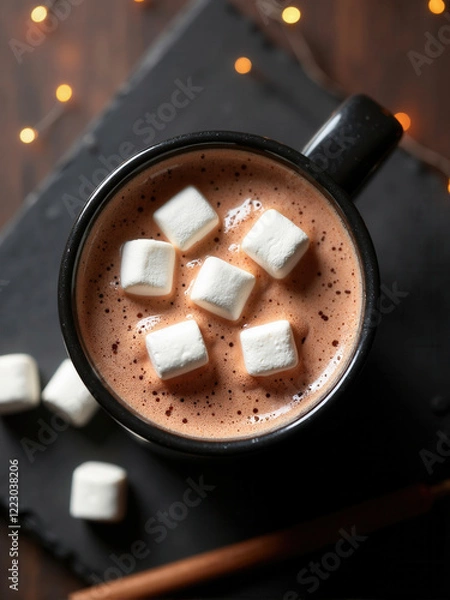Obraz Rich hot chocolate topped with mini marshmallows served in a black mug on a wooden table with fairy lights in the background