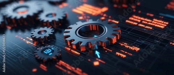Obraz concept business strategy execution forecasting High-tech gears on a digital background with glowing elements and circuit patterns.