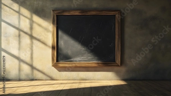 Fototapeta empty chalkboard in rustic room with sunlight