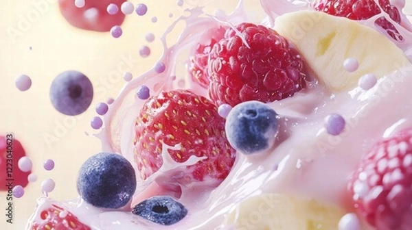 Fototapeta Yogurt mist with glowing fruits in a prismatic whirlpool