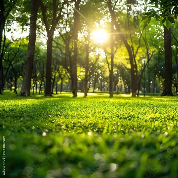 Fototapeta Serene Morning Light in Lush Green Garden - Fresh Nature Concept Backgrounds, The lovely green trees dazzle with beauty, Trees and grass in the city park on a sunny spring morning in Dallas 


