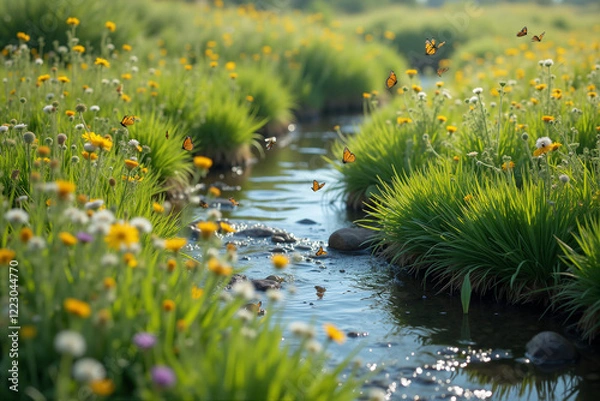 Fototapeta Serene meadow stream with butterflies and wildflowers