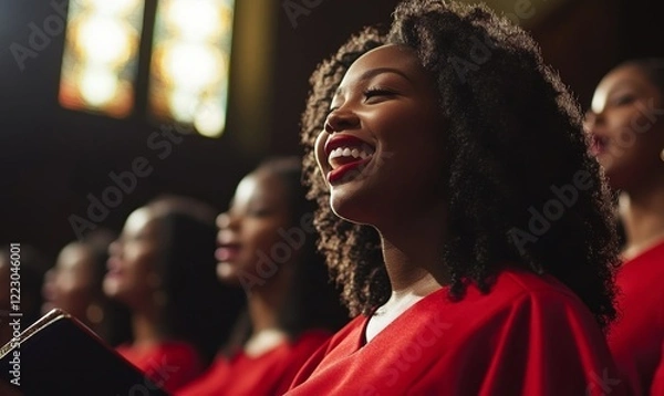 Fototapeta Gospel Choir Singing in Church, Members in Red Tunics, Joyful Performance, Spiritual Music, African American Singers, Community Worship, Uplifting Choral Group, Generative AI