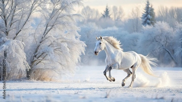 Obraz A white horse running in a snowy field with a blurred background and frozen trees