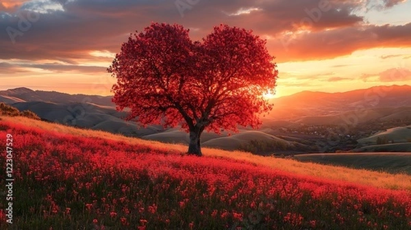 Fototapeta A heart shaped tree stands in the center background