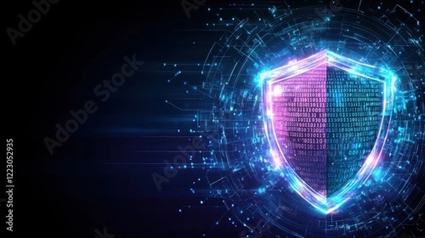 Fototapeta Cybersecurity Shield: A glowing digital shield, crafted from binary code and ethereal light, stands as a powerful symbol of online protection.