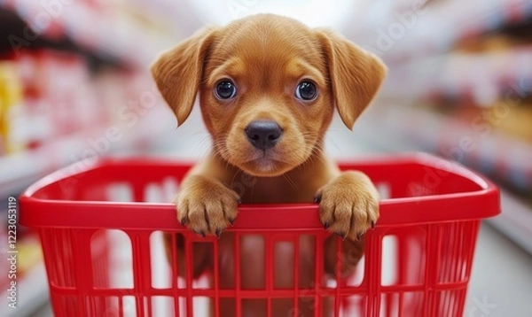 Fototapeta Adorable Brown Puppy in Red Shopping Basket at Grocery Store, Closeup Portrait with Big Eyes, Humorous and Cute Pet Expression for Shoppers and Animal Lovers, Generative AI