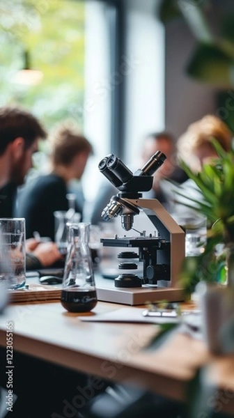 Obraz Microscope focus with scientists in the background