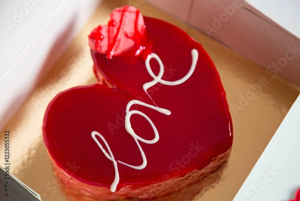 Obraz Close-up of a glazed red heart-shaped cake with the inscription "Love" is placed in a box on a light background. The theme is Valentine's Day.