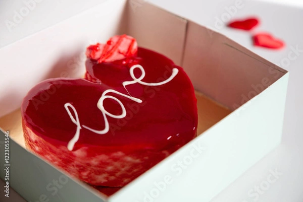 Obraz A glazed red heart-shaped cake with the inscription "Love" is placed in a box on a light background. The theme is Valentine's Day.