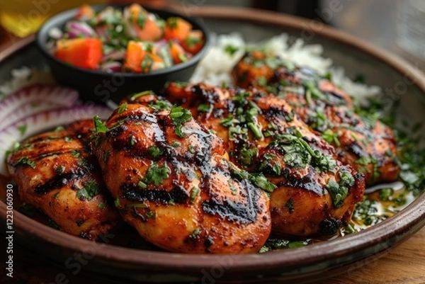 Fototapeta Piri Piri Chicken, Mozambican grilled chicken, Spicy and flavorful dish with charred edges.