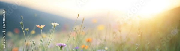 Fototapeta A tranquil meadow filled with colorful wildflowers, illuminated by soft sunlight.