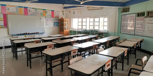 Fototapeta An empty classroom, with desks and chairs neatly arranged, ready for students.