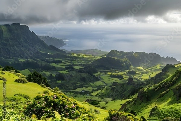Fototapeta The majestic Mount Olympus towering above a lush landscape with clouds swirling around its peak, A mountain landscape on Ponta Delgada Island, Azores., Scenic mountainous landscape with green forests.