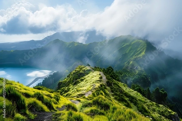 Fototapeta The majestic Mount Olympus towering above a lush landscape with clouds swirling around its peak, A mountain landscape on Ponta Delgada Island, Azores., Scenic mountainous landscape with green forests.
