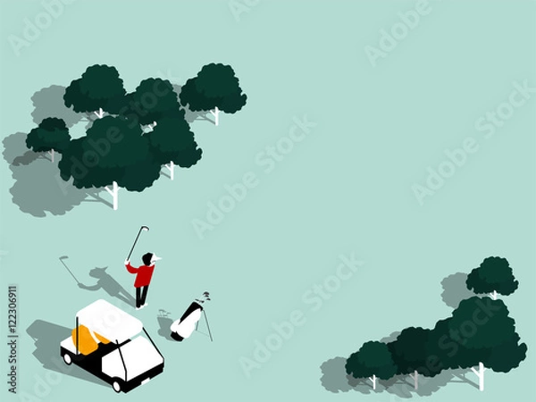 Fototapeta beautiful isometric design of golfers are playing in golf course with copy space, graphic design of golf course background