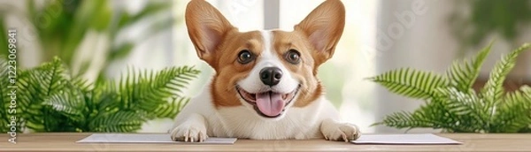 Fototapeta A happy pet, captured while a dedicated owner engages in pet health and care monitoring, the journal is beside them, using charts to help with observations This scene showcases a caring relationship