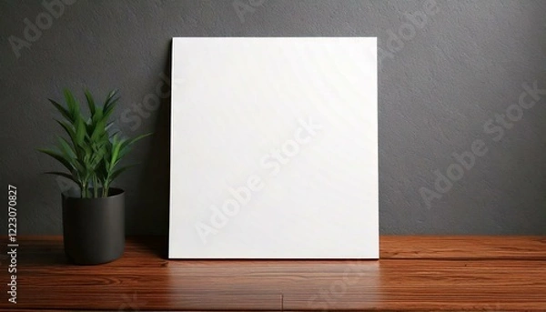 Fototapeta グレーの壁に立てかけてある空白の白い紙のフレーム背景