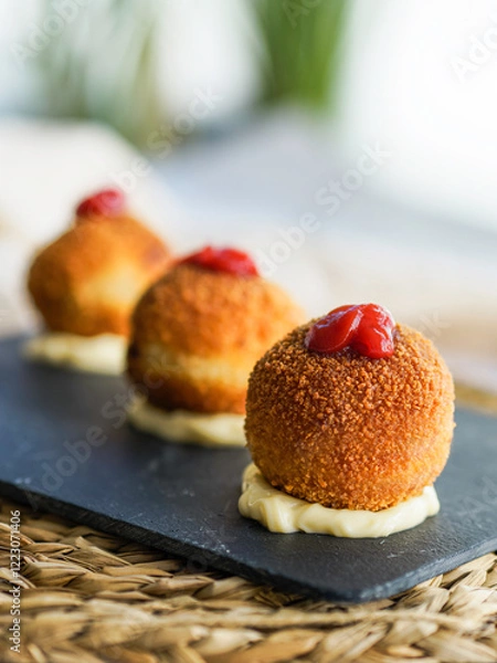 Obraz Close-up of golden, breaded ham croquettes served on a slate plate, topped with tomato sauce and mayonnaise base.