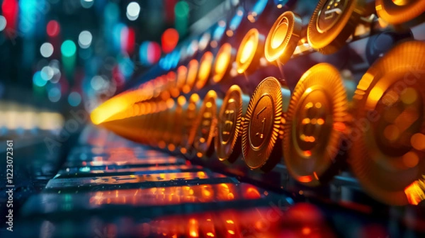 Obraz Golden coins illuminated by colorful lights create vibrant atmosphere. reflections and bokeh enhance visual appeal, evoking excitement