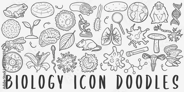 Fototapeta Biology Sciences Doodle Icons. Hand Drawn Made Line Art. Lab Biologist Clipart Symbol Design.