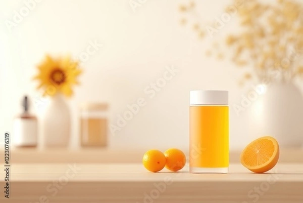Fototapeta Bright orange juice bottle with citrus fruits on a wooden table, sunflowers and vases in background