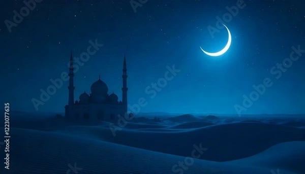 Obraz A serene Ramadan night scene with a glowing crescent moon and stars above a silhouette of a mosque, surrounded by desert dunes