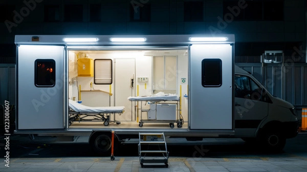 Fototapeta An emergency medical vehicle is stationed at night, illuminated from within, displaying medical beds and essential equipment, indicative of a healthcare operation setup outside