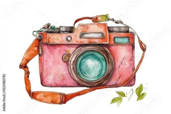 Fototapeta Vintage camera illustration with colorful details, surrounded by green leaves on a white background