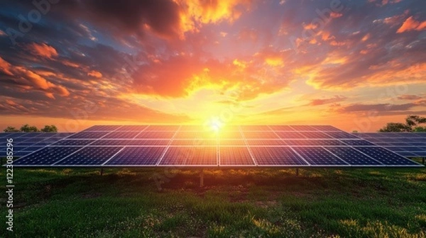 Fototapeta Sunset over solar panels in a scenic landscape