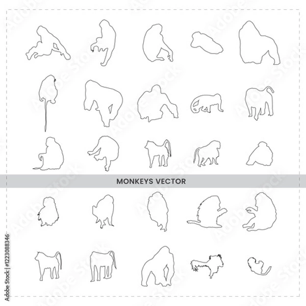 Fototapeta Monkeys in various poses minimalist animal sketches, Simple line drawings,  black and white illustrations and single-line monkey figures, graphic design elements, monkey species variety 