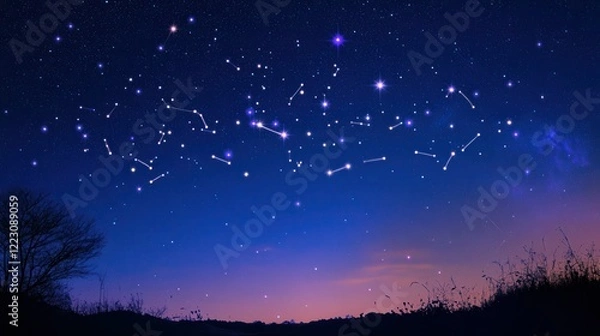Fototapeta Starry night sky with constellations over silhouetted landscape