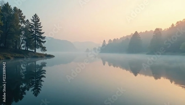Obraz misty morning on calm lake with trees reflected, lake, misty