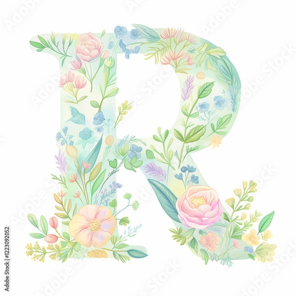 Obraz Watercolor letter "R" delicate watercolor monogram blending artistic details and a boho style