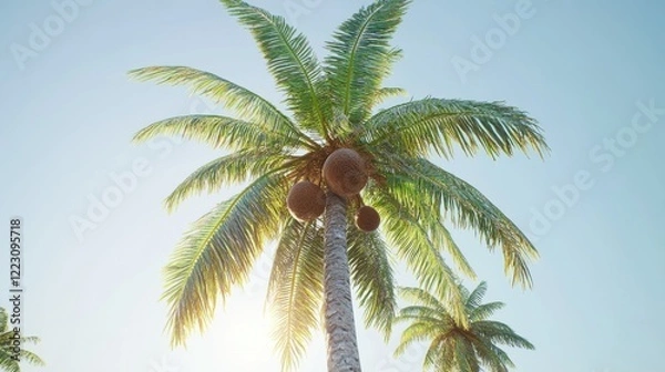 Fototapeta Sunlit tropical palm tree with coconuts against clear sky